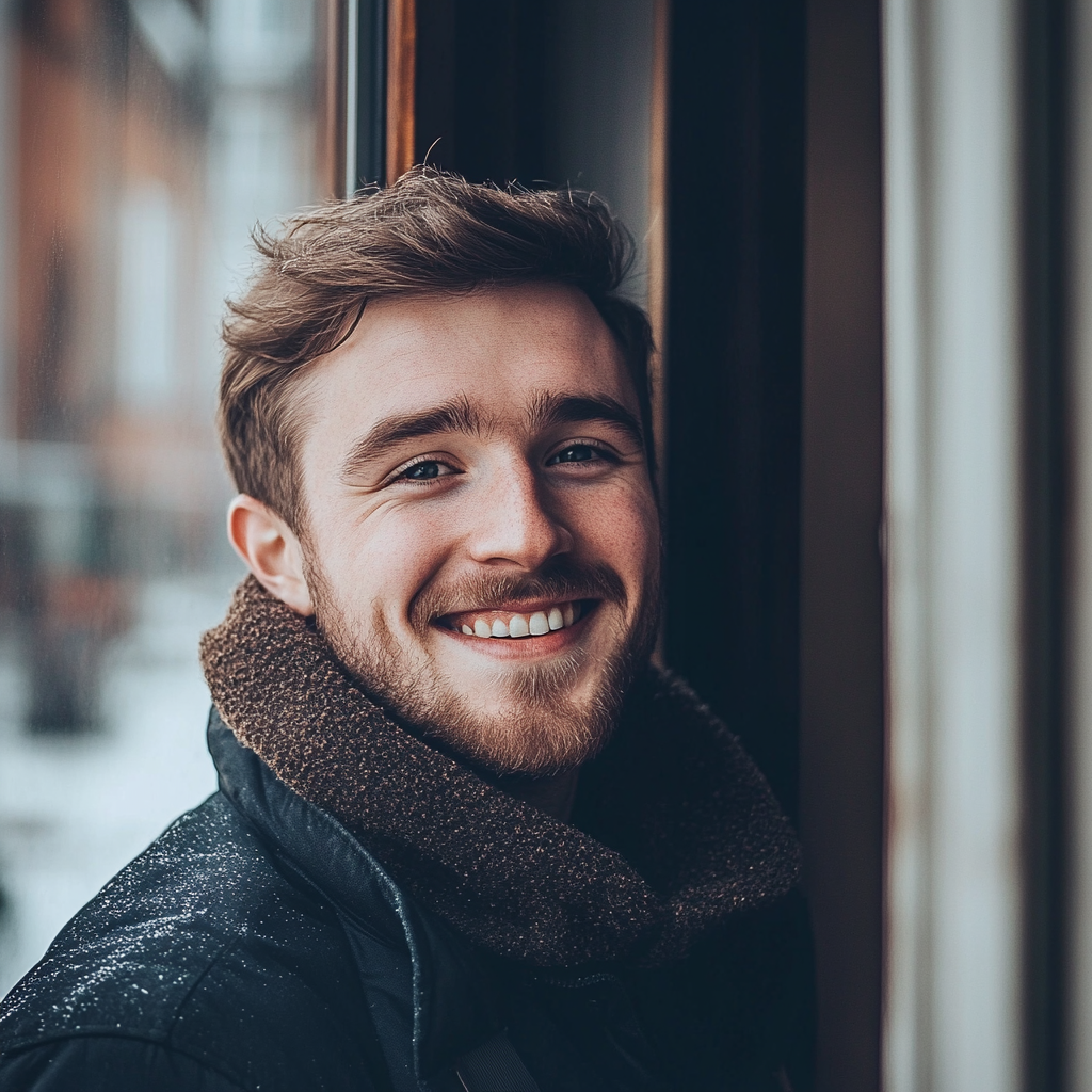 A smiling man near an apartment door | Source: Midjourney