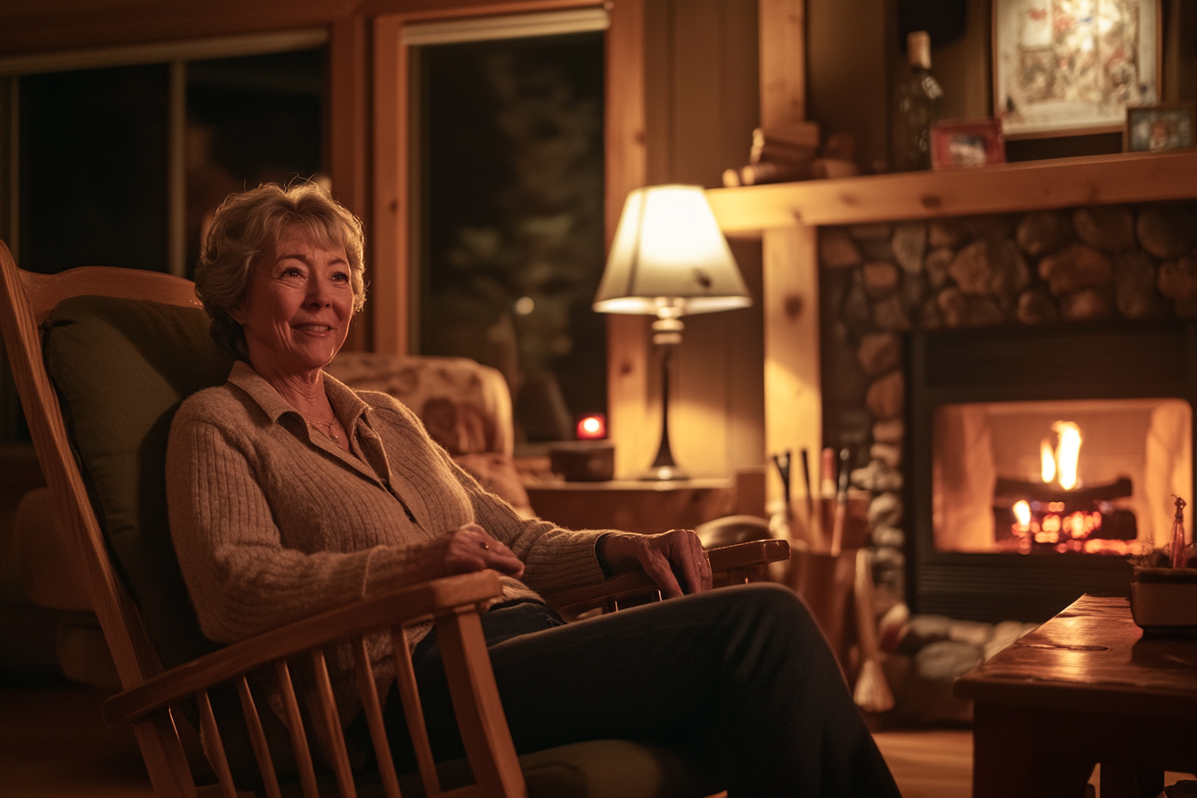 A grandmother on a rocking chair, smiling in front of a fireplace in a cozy house | Source: Midjourney