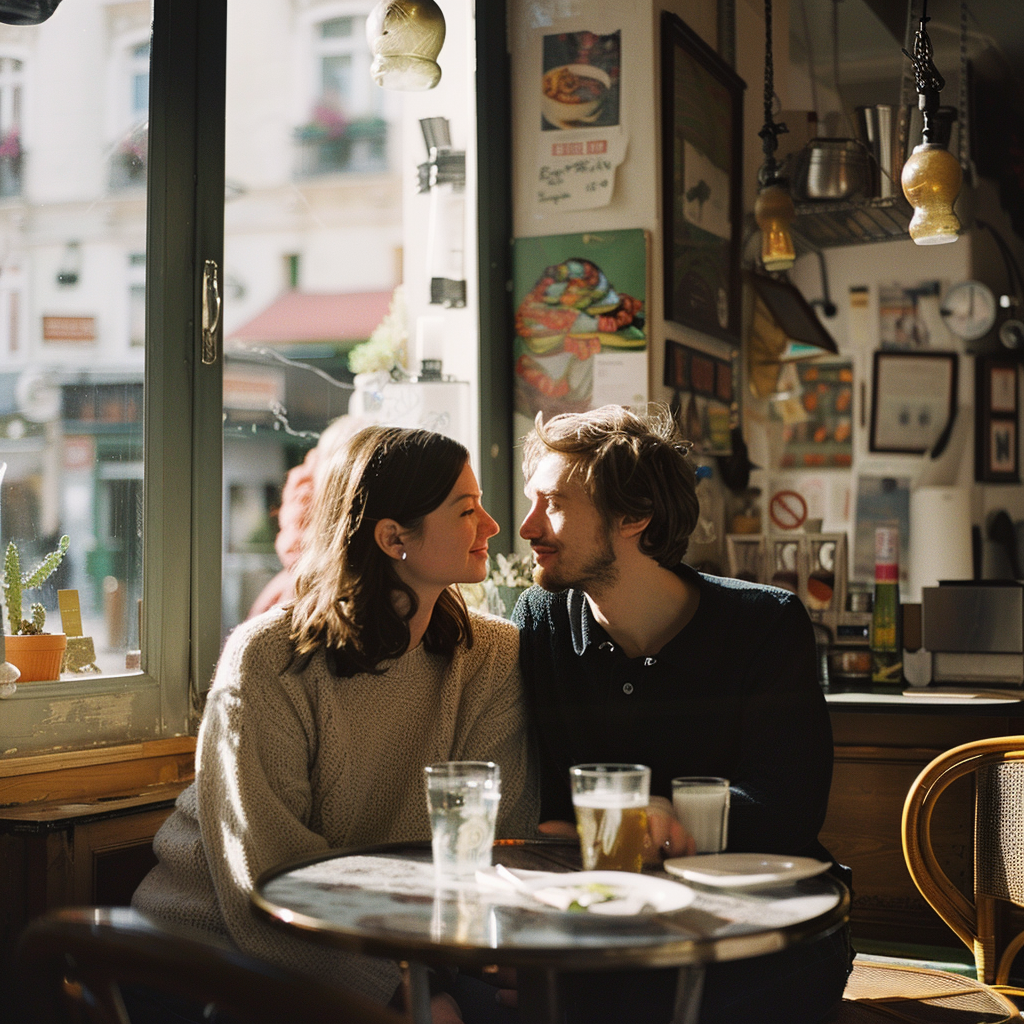 Un couple assis ensemble dans un café | Source : Midjourney