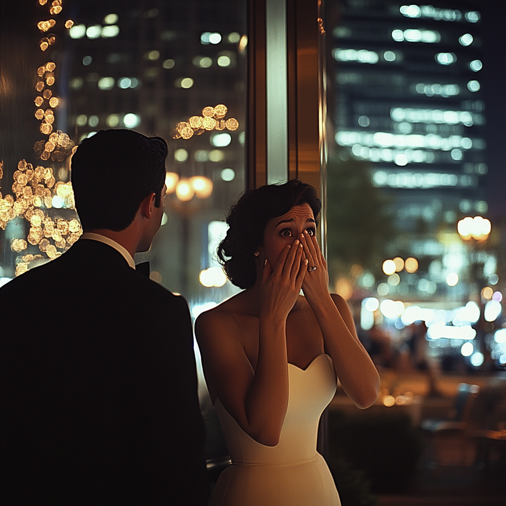 Une femme choquée se tenant à côté d'un homme | Source : Midjourney