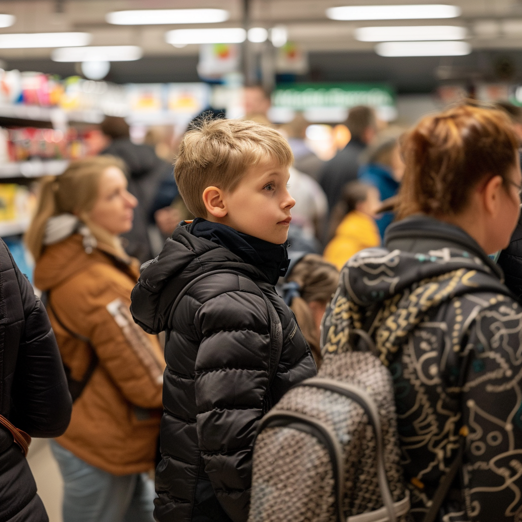 William et sa maman dans la file d'attente d'un supermarché | Source : Midjourney