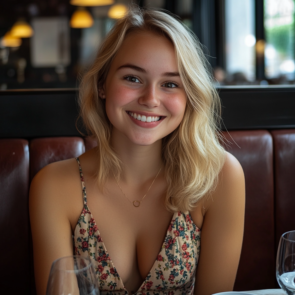 Une femme souriante dans un restaurant | Source : Midjourney