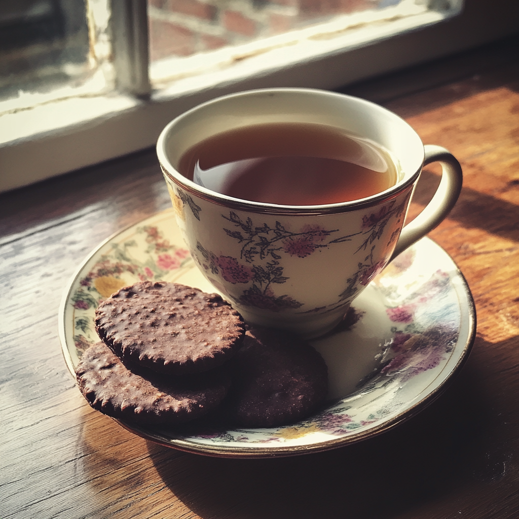 A cup of tea with chocolate biscuits | Source: Midjourney