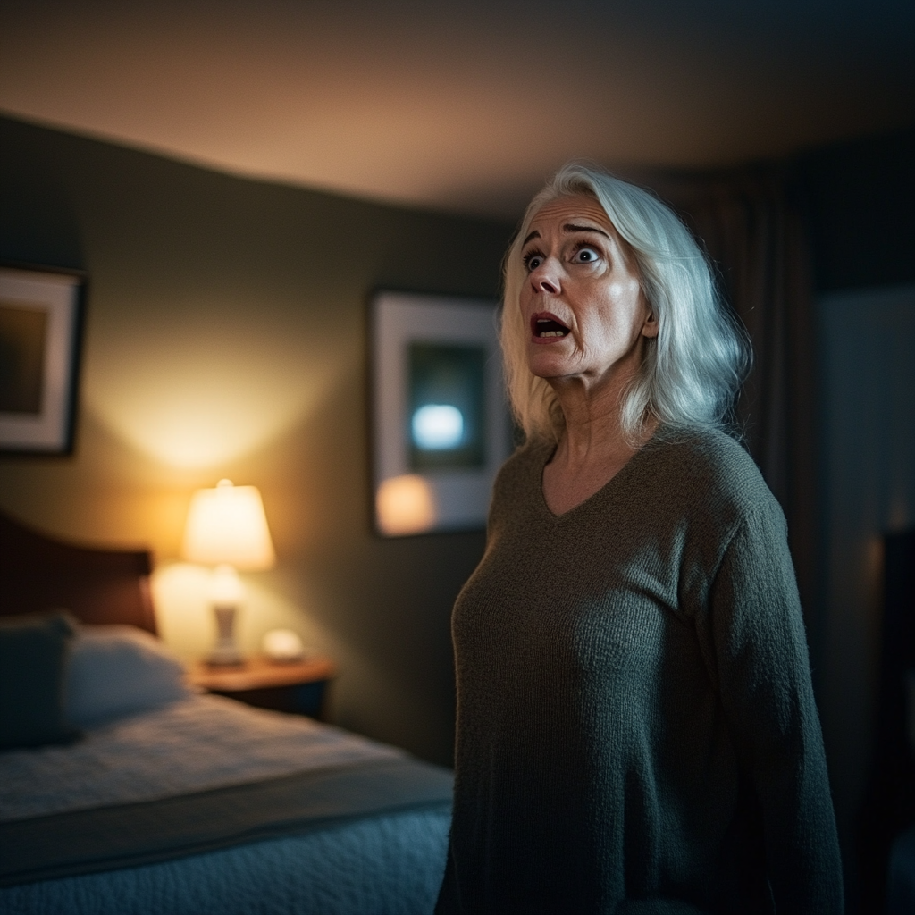 Une femme stupéfaite debout dans sa chambre | Source : Midjourney