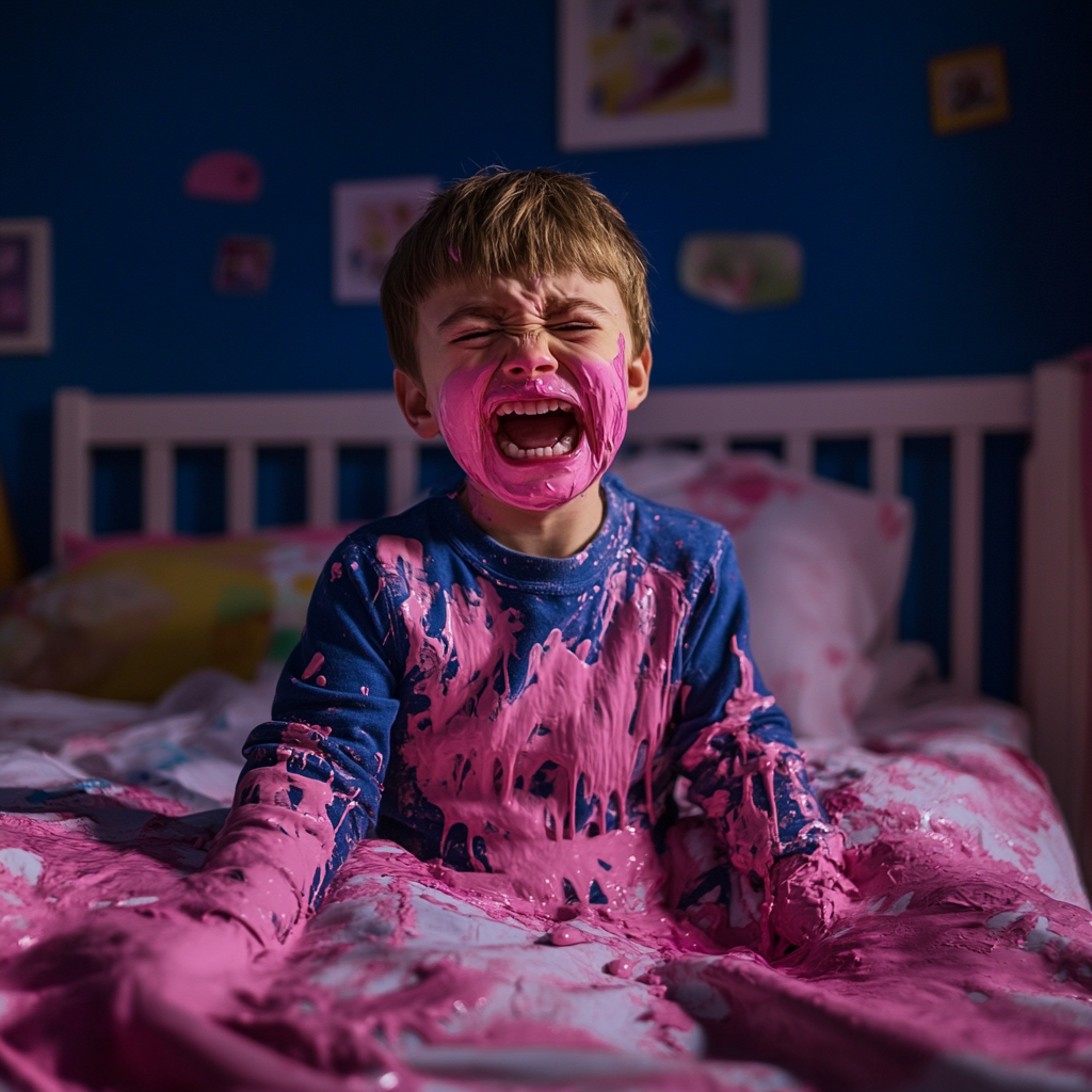 Un enfant couvert de peinture rose | Source : Midjourney