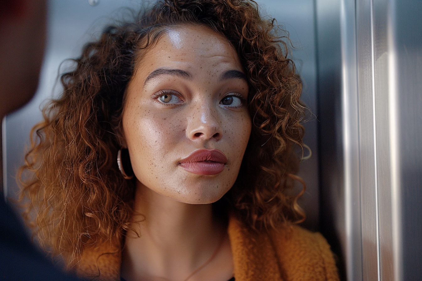 Une femme qui regarde un homme dans un ascenseur | Source : Midjourney