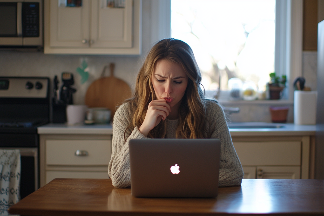 Une femme qui regarde pensivement l'écran de son ordinateur portable | Source : Midjourney