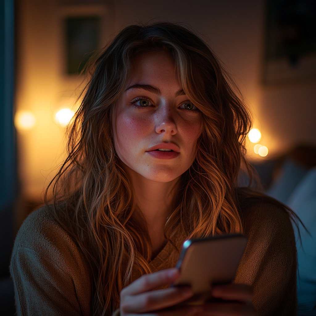 Une femme utilisant son téléphone dans sa chambre la nuit | Source : Midjourney