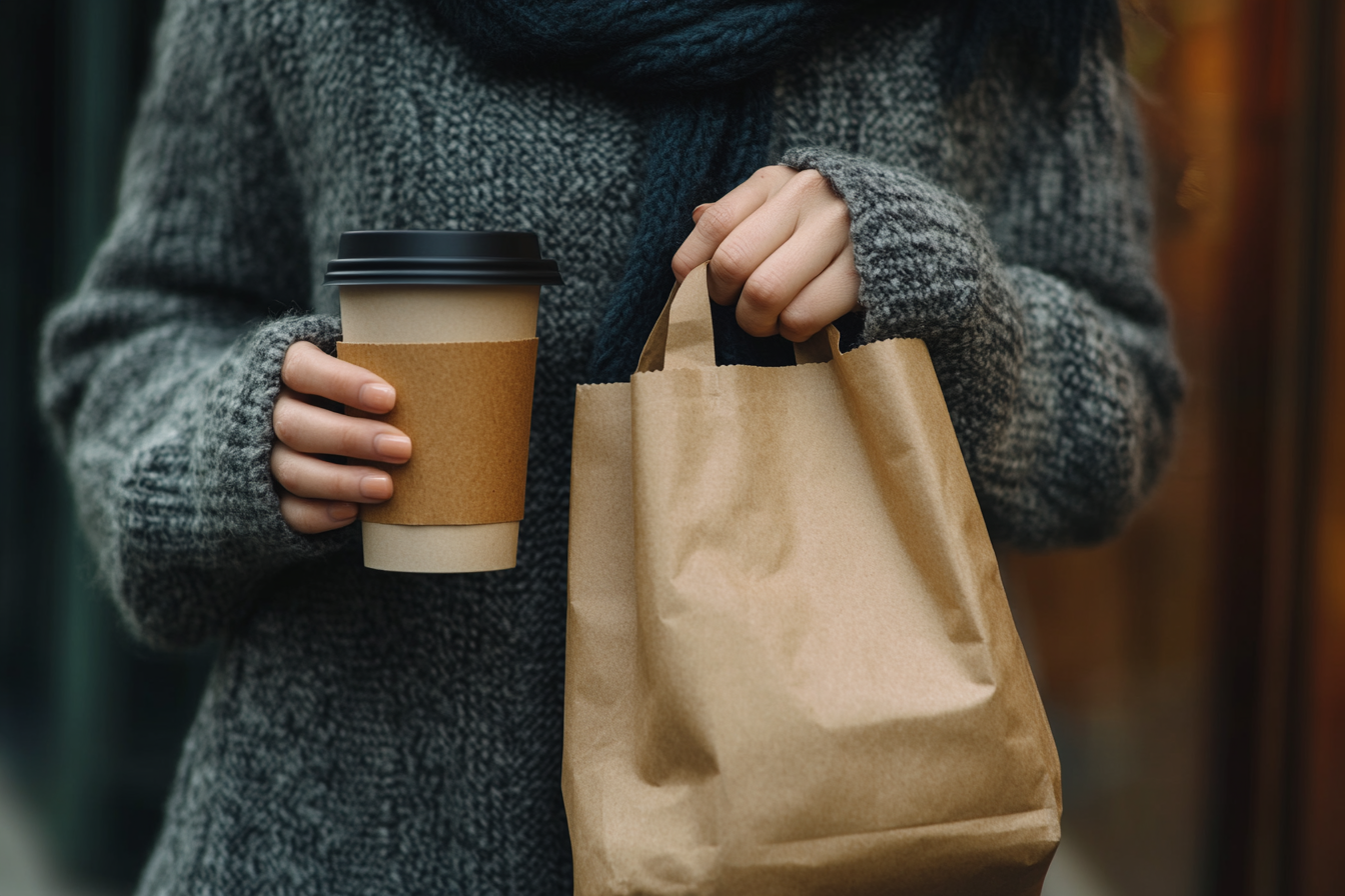 A woman holding a takeaway coffee cup and a brown takeaway bag | Source: Midjourney