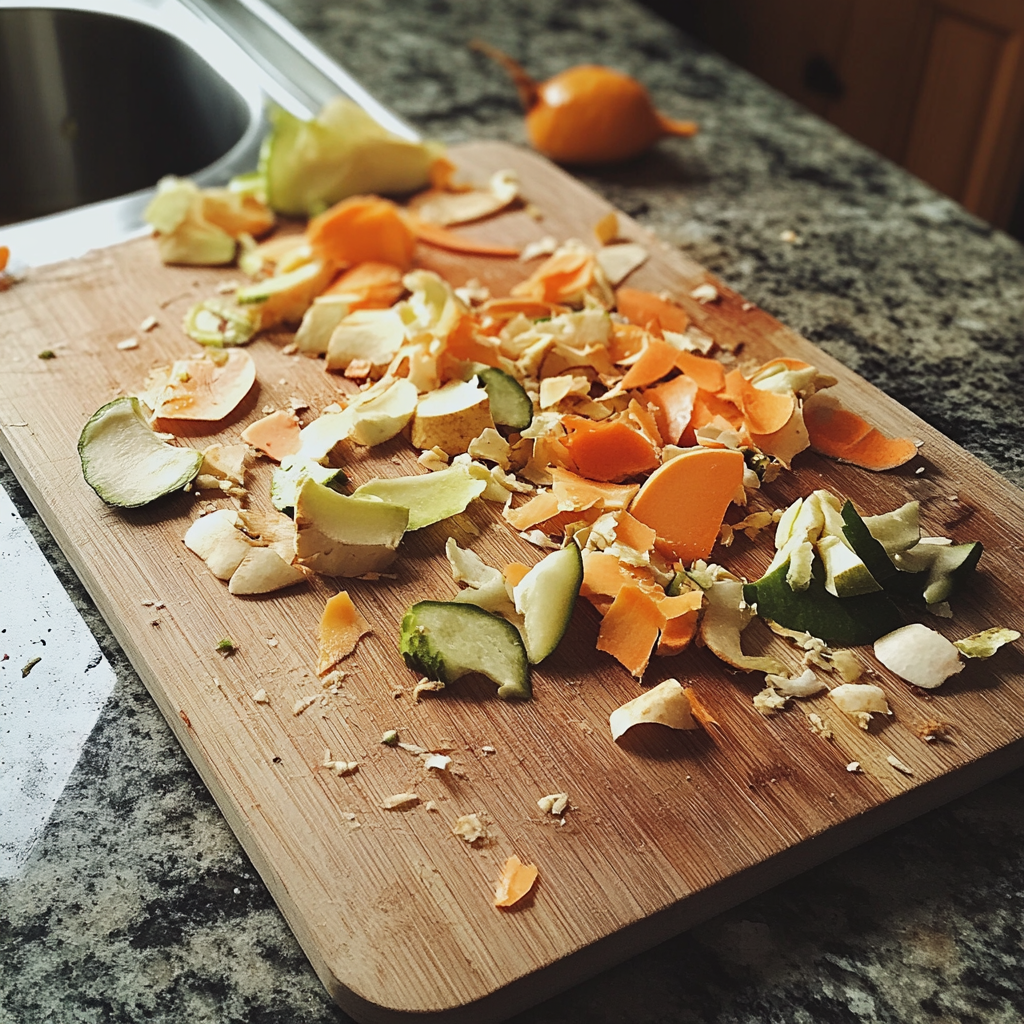 Des restes de légumes sur une planche à découper | Source : Midjourney