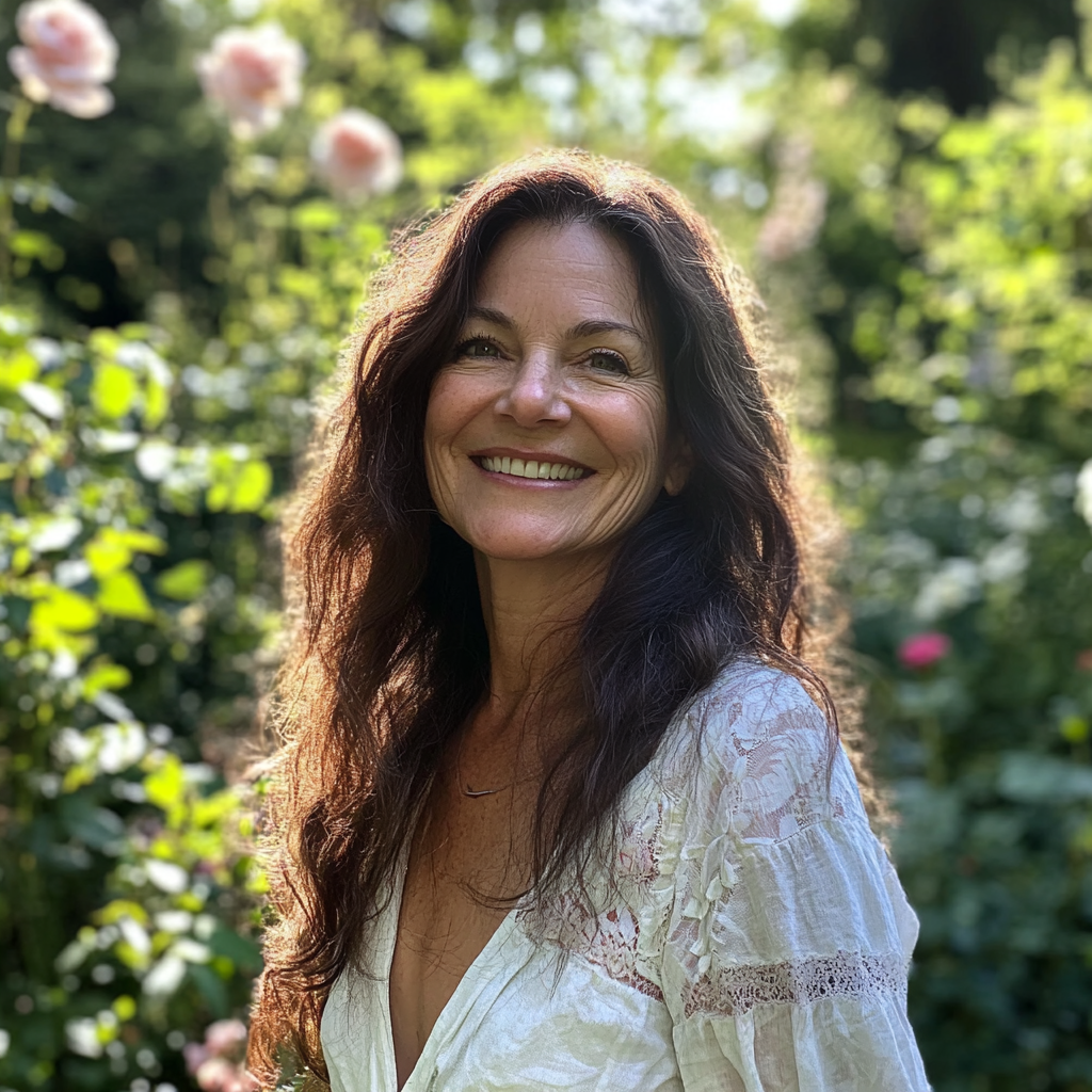 Une femme souriante debout dans un jardin | Source : Midjourney