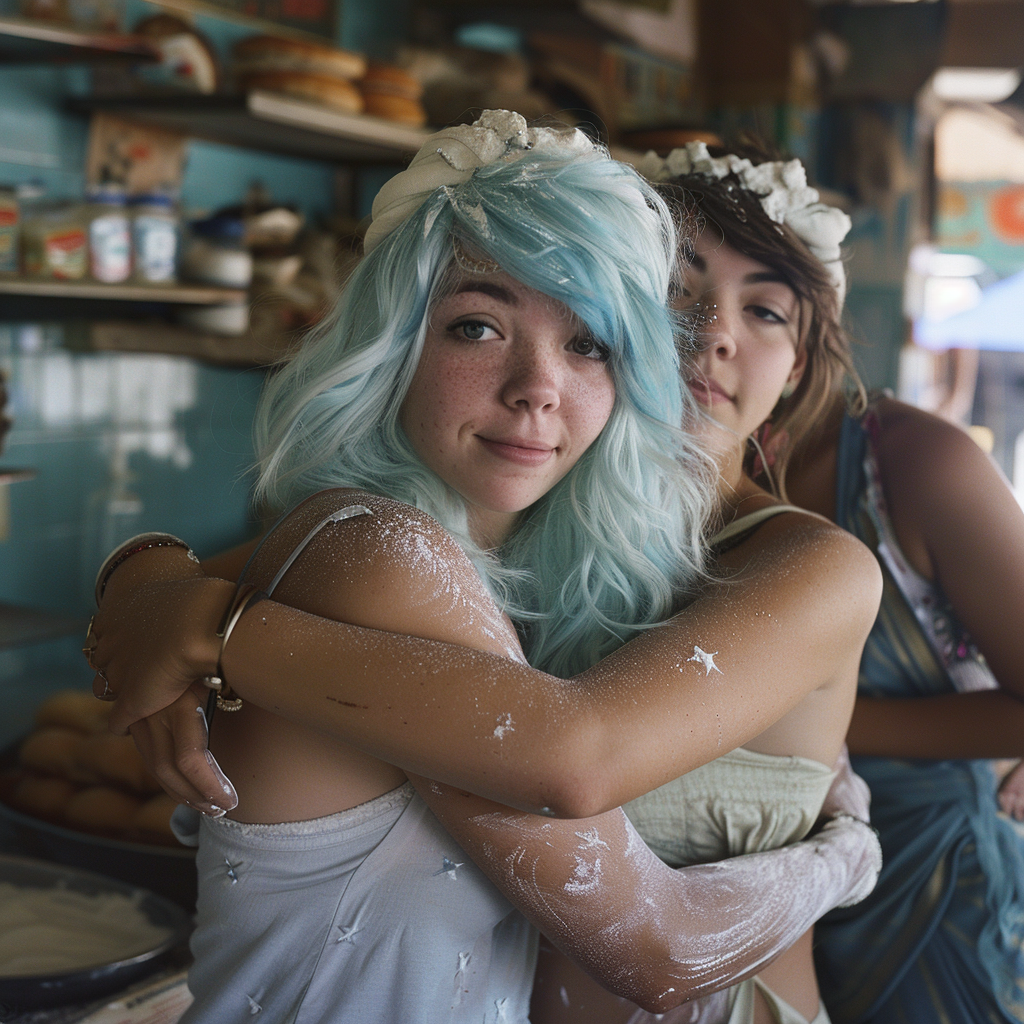 Deux femmes s'étreignent dans une boulangerie alors qu'une autre se tient à l'arrière-plan | Source : Midjourney