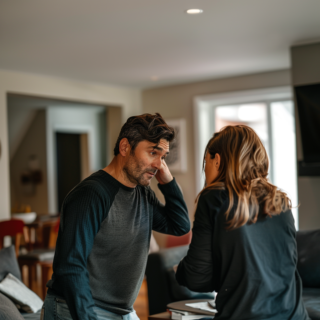 L'homme, l'air coupable en écoutant la femme | Source : Midjourney