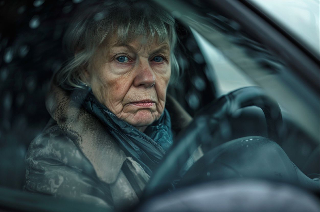 Une femme mûre réfléchie dans sa voiture | Source : MidJourney