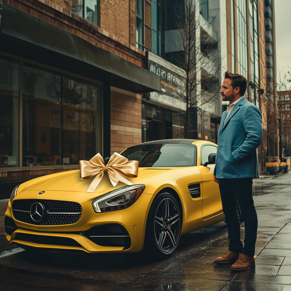 Un homme présentant une voiture comme cadeau d'anniversaire à sa femme | Source : Midjourney