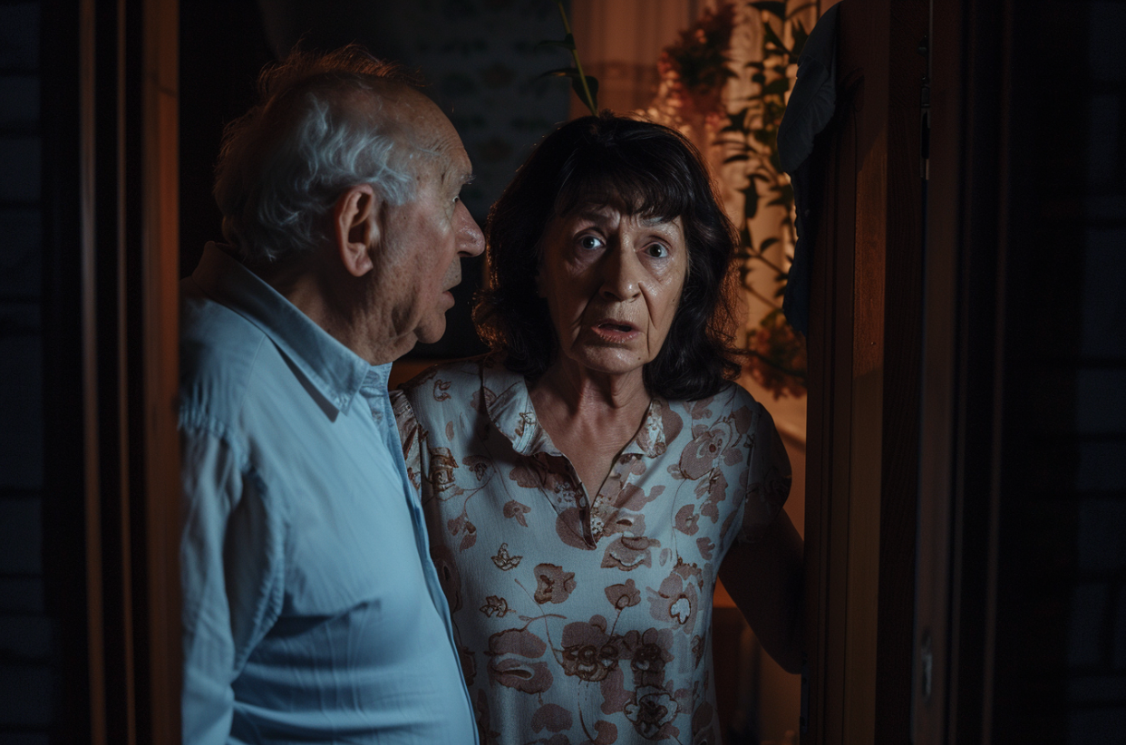 Un couple de personnes âgées debout dans l'embrasure d'une porte | Source : MidJourney