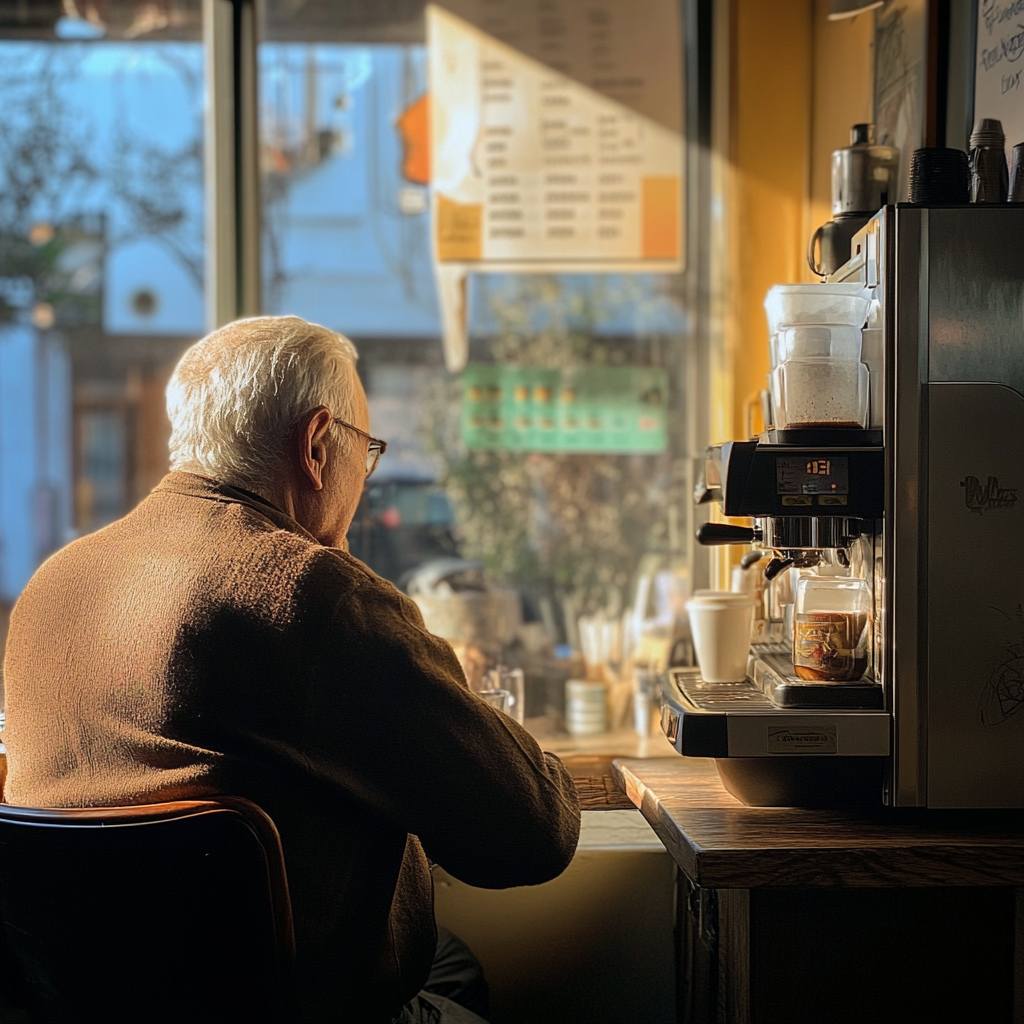 Homme âgé assis à côté d'une machine à café | Source : Midjourney