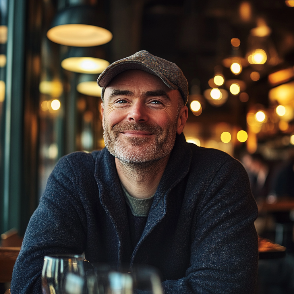 Un homme au sourire narquois assis dans un restaurant haut de gamme | Source : Midjourney