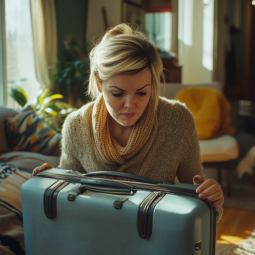 Une femme ébranlée ramasse une valise en sortant | Source : Midjourney