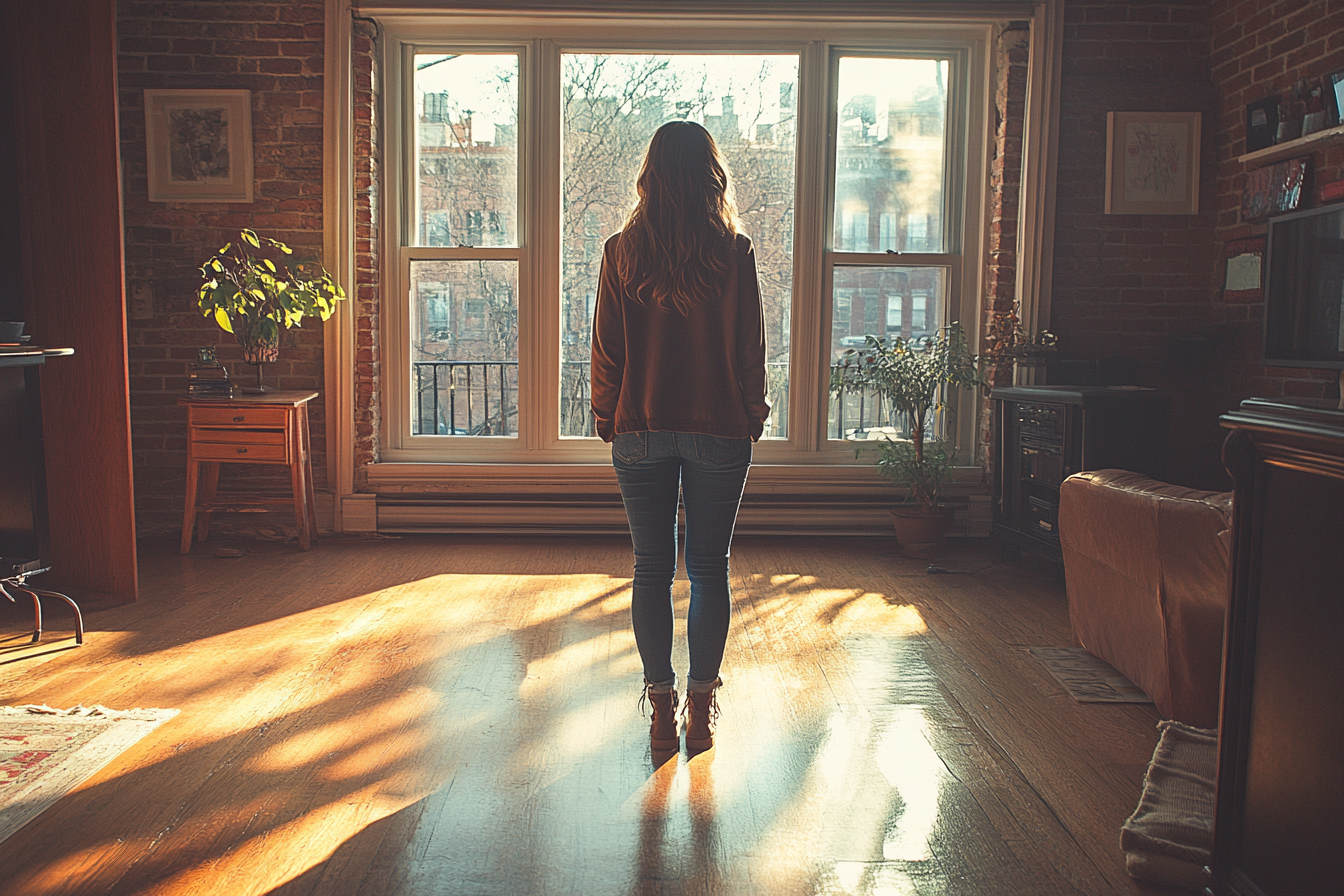 Une femme debout dans le salon d'un immeuble d'habitation | Source : Midjourney