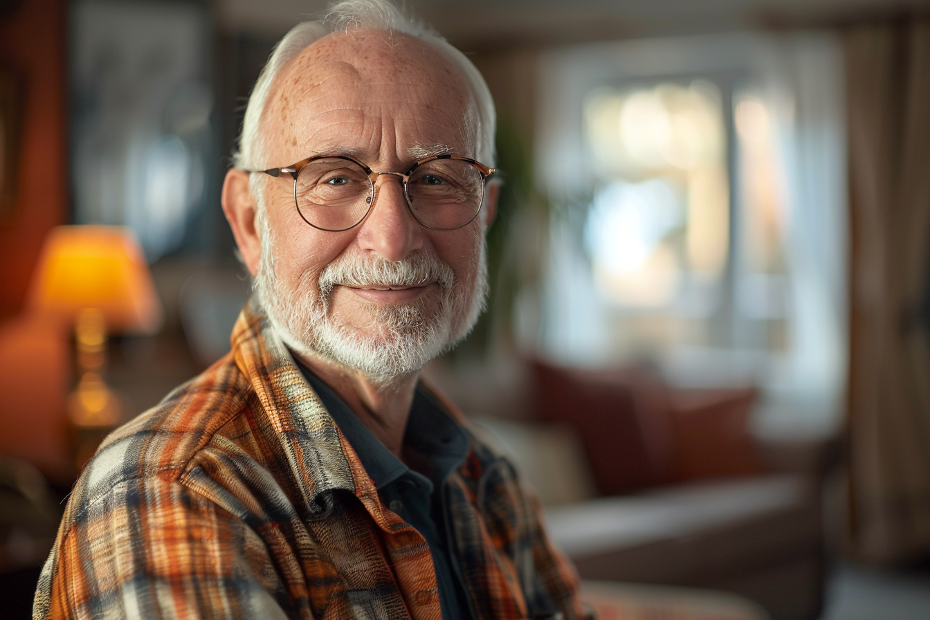 Un homme âgé souriant dans le salon | Source : Midjourney