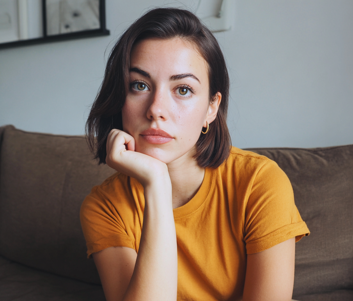 Une femme pensive assise sur un canapé | Source : Midjourney