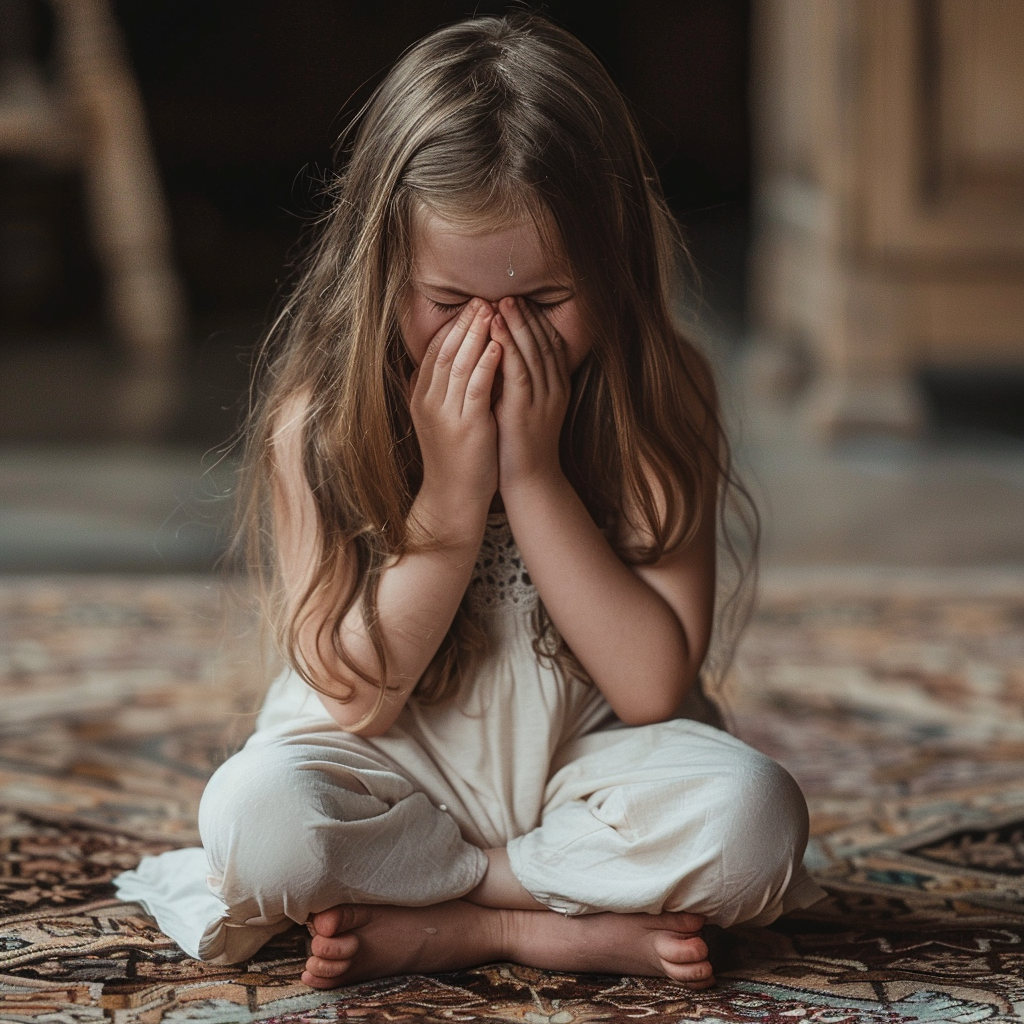 Une petite fille qui pleure en étant assise par terre | Source : Midjourney