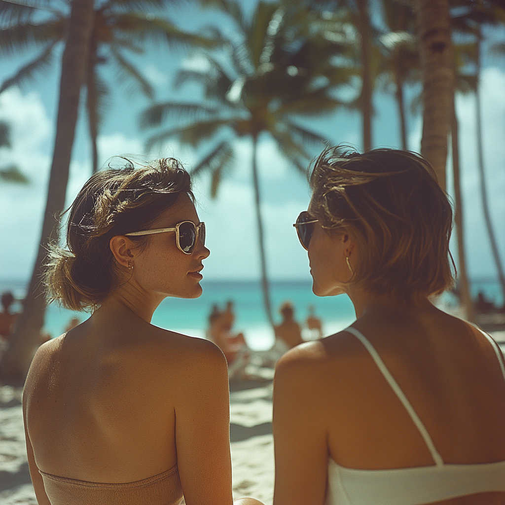 Deux femmes chuchotent sur la plage | Source : Midjourney