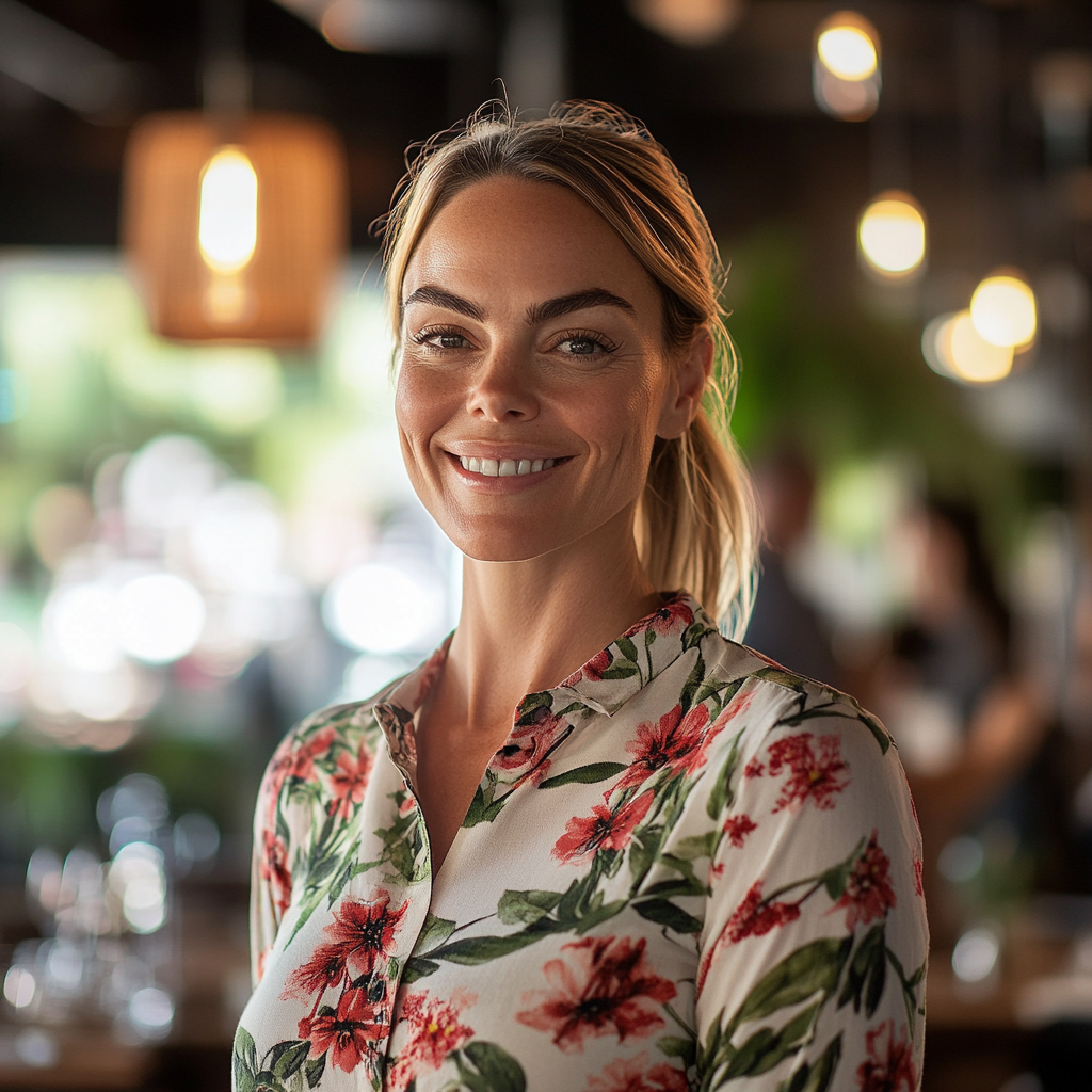 A woman looks happy while standing in a restaurant | Source: Midjourney