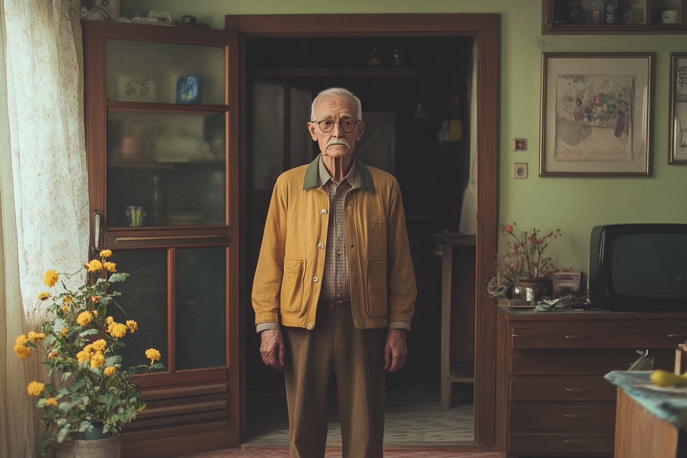 Un homme âgé debout dans sa maison | Source : Midjourney