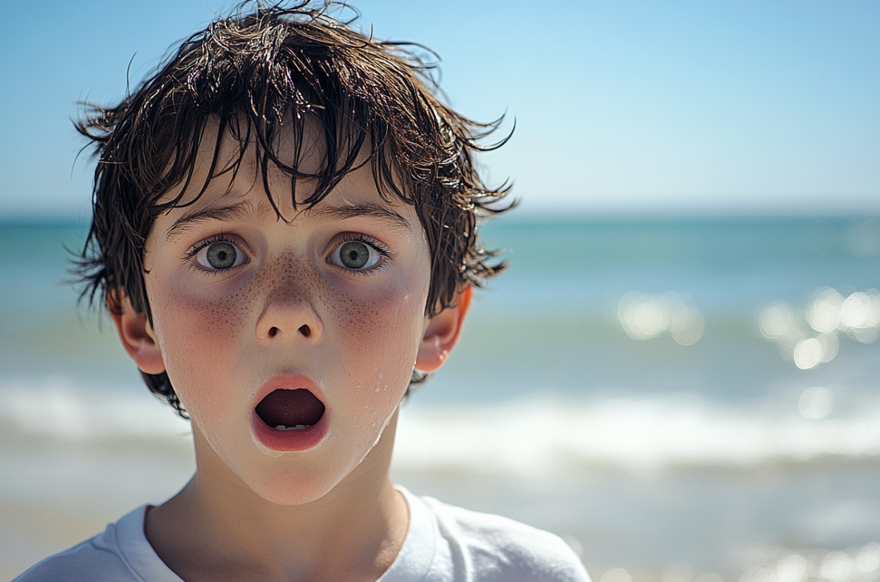 Un garçon choqué sur une plage | Source : Midjourney