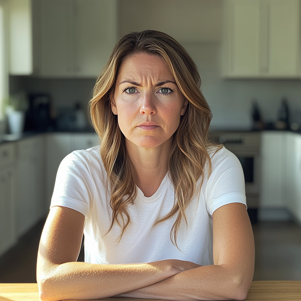 Une femme bouleversée assise à une table de cuisine | Source : Midjourney