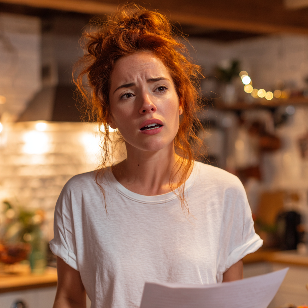 Une femme renfrognée tenant un morceau de papier | Source : Midjourney