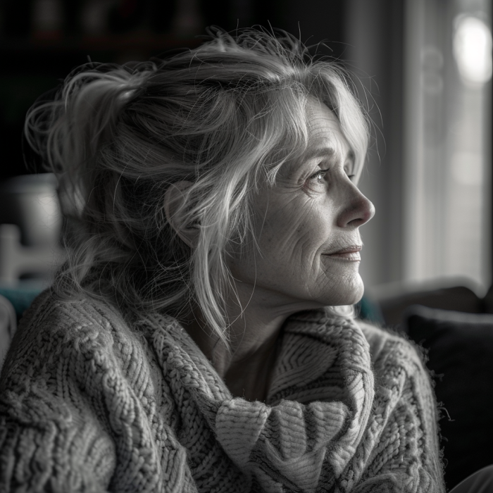 Une photo en niveaux de gris d'une femme assise seule | Source : Midjourney