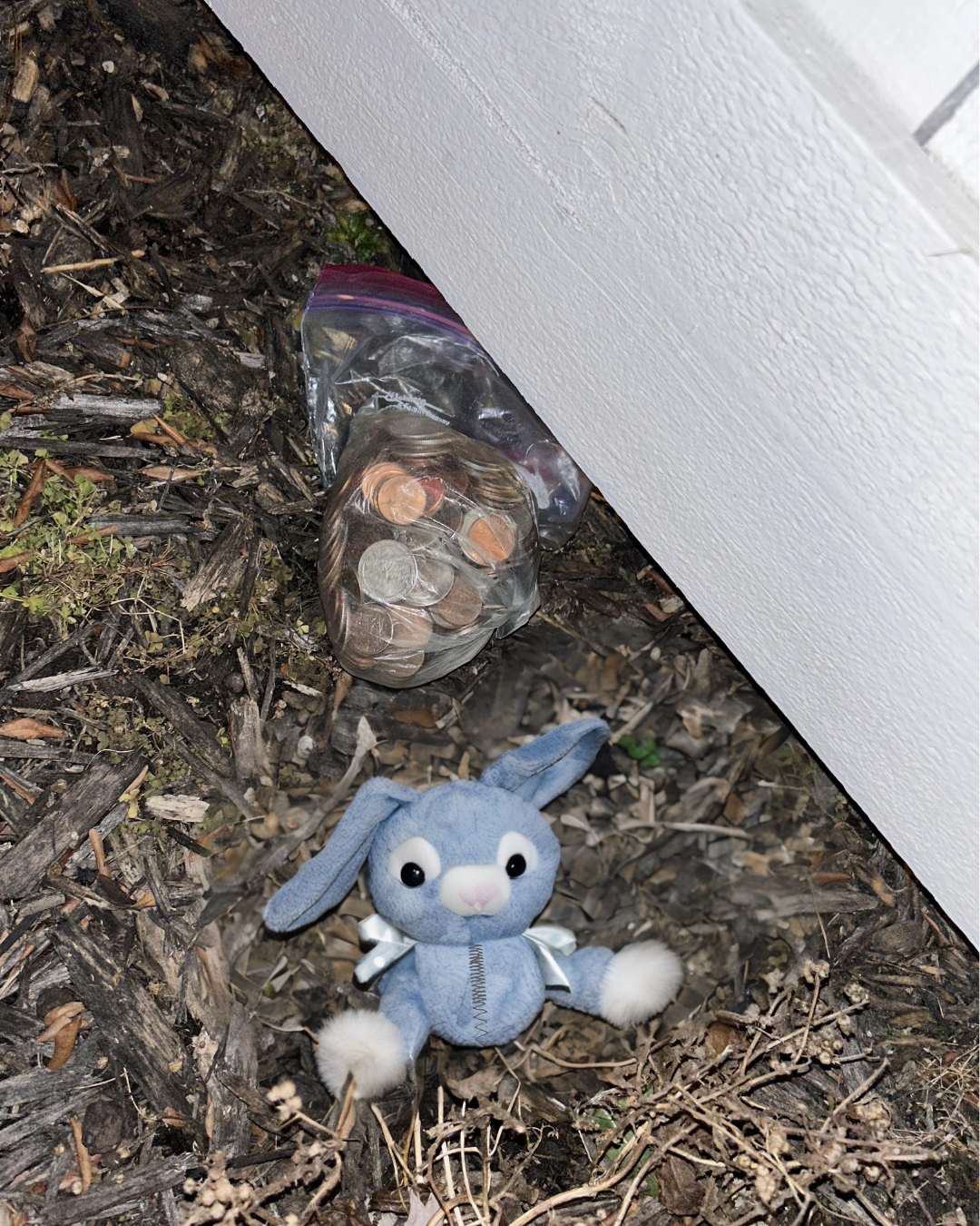 Un sac en plastique contenant des pièces de monnaie et un petit lapin en peluche reposant sous une clôture dans une cour | Source : Midjourney