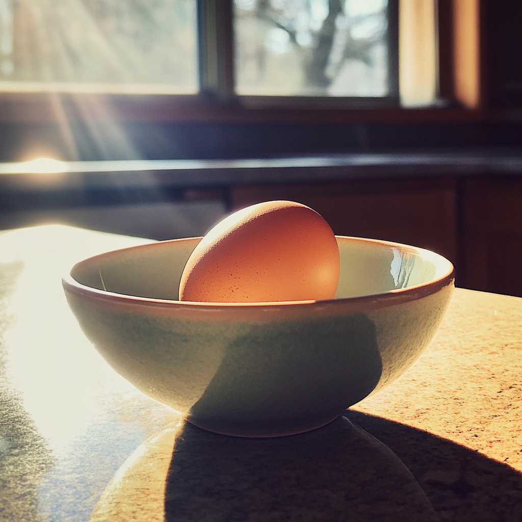 Un œuf dans un bol sur un comptoir de cuisine | Source : Midjourney