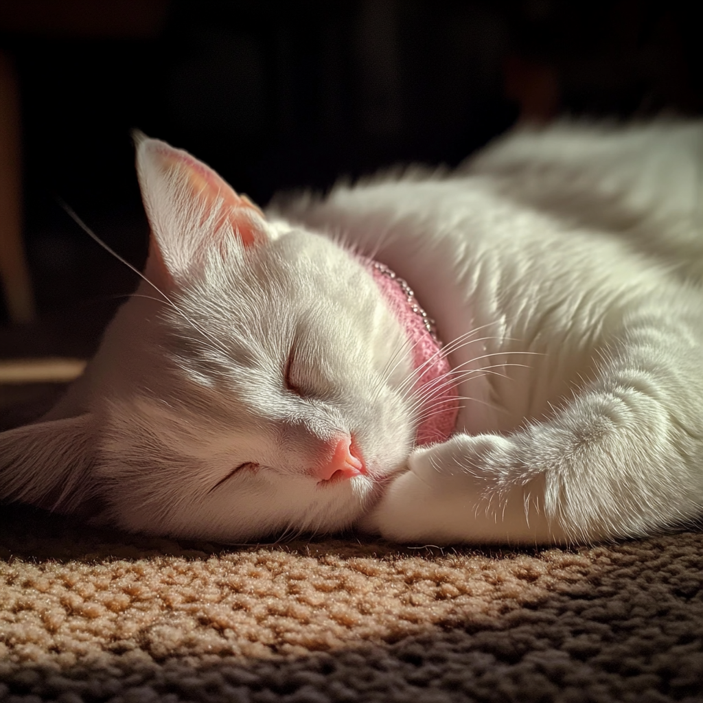 Un chat qui dort sur un tapis | Source : Midjourney