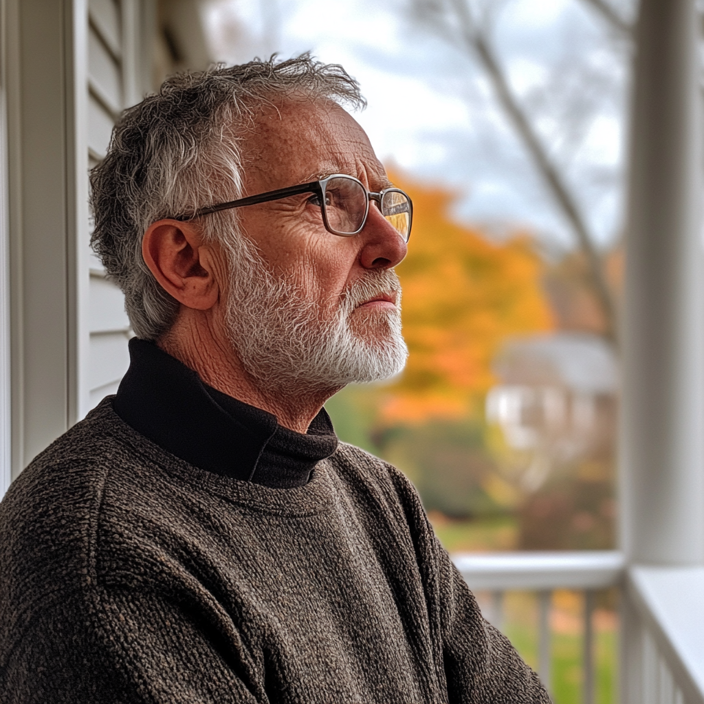 Un homme sérieux qui regarde vers le haut | Source : Midjourney