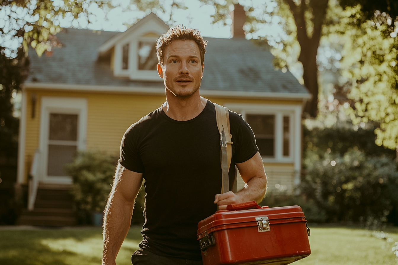 Un homme tenant une boîte à outils rouge a l'air surpris devant une maison jaune | Source : Midjourney