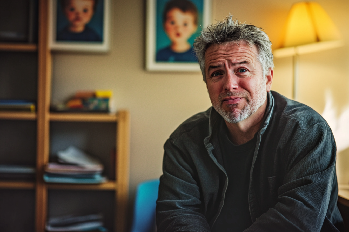 Homme émotif dans un bureau d'un centre pour enfants | Source : Midjourney