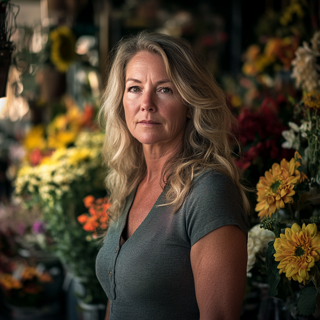 Une femme aux cheveux blonds debout dans un magasin de fleurs | Source : Midjourney