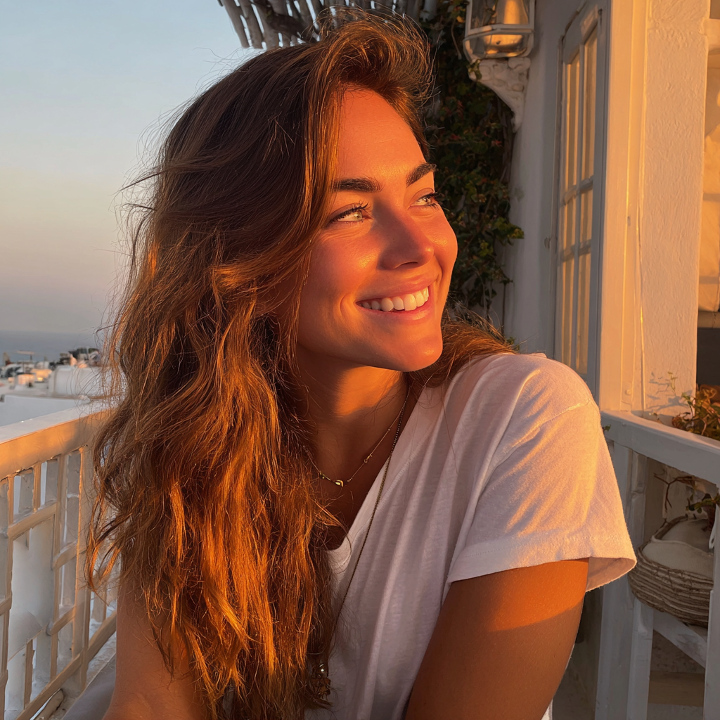 Une femme souriante assise sur un balcon | Source : Midjourney