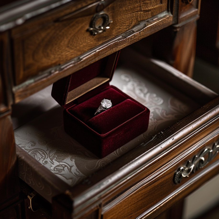 Une petite boîte en velours contenant une bague en diamant reposant dans un tiroir ouvert | Source : Midjourney
