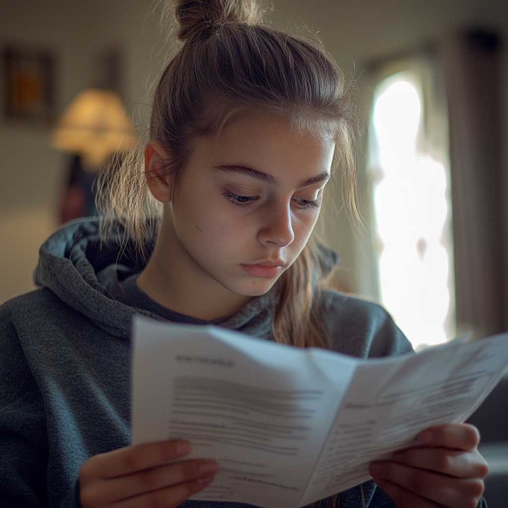 Une jeune fille regarde des documents dans ses mains | Source : Midjourney