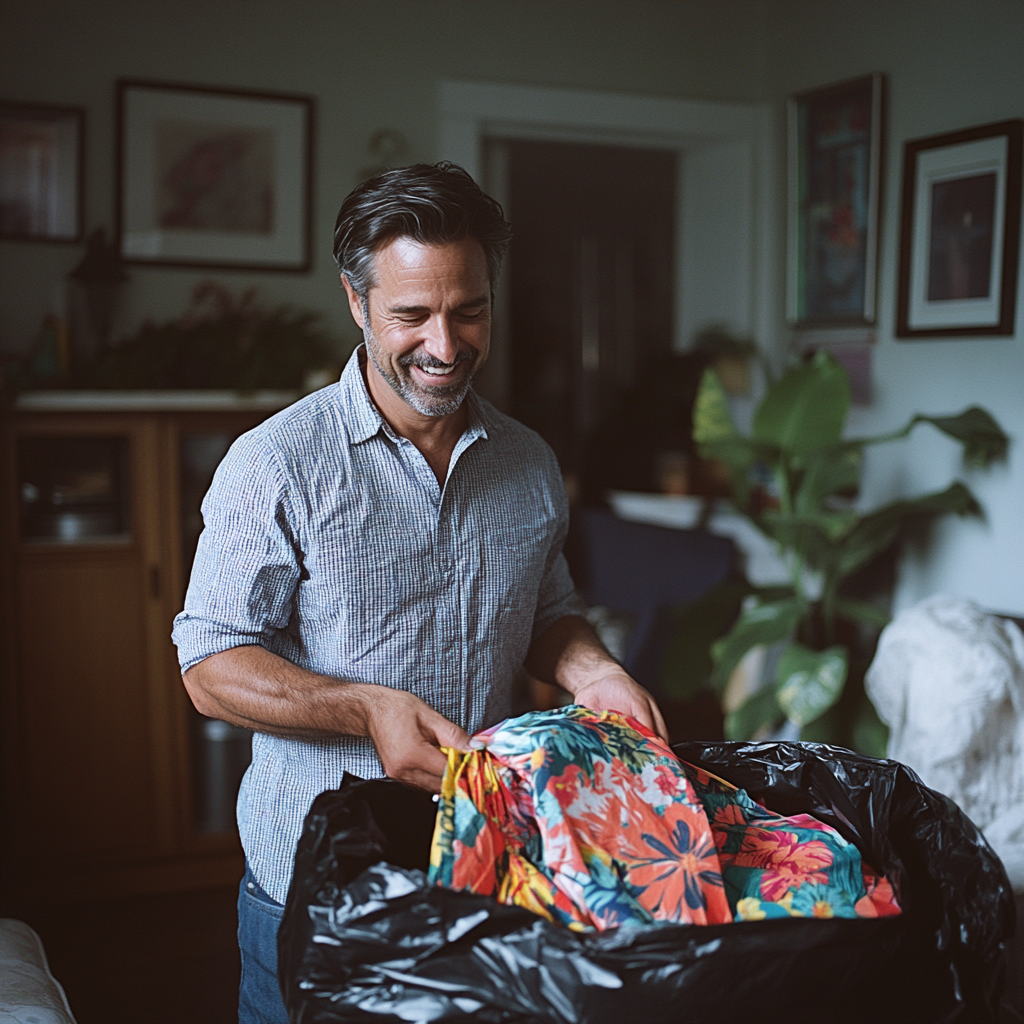 Un homme heureux qui fourre des vêtements dans un sac | Source : Midjourney