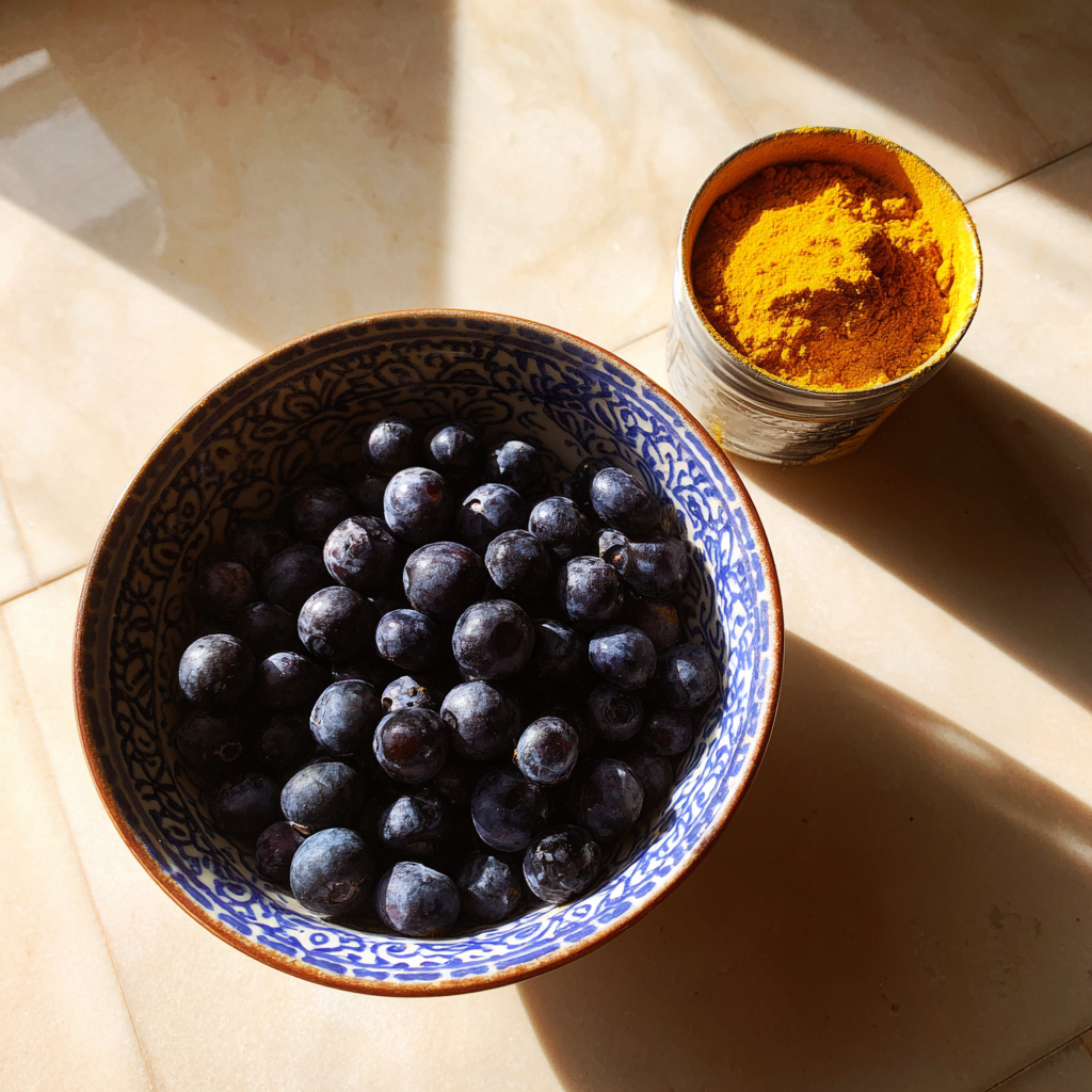 Un bol de myrtilles et un récipient de poudre de curcuma | Source : Midjourney