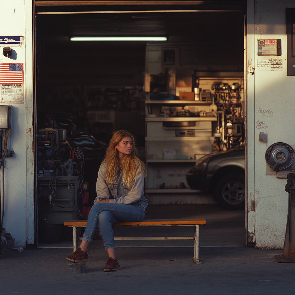 Une jeune femme assise sur un banc | Source : Midjourney