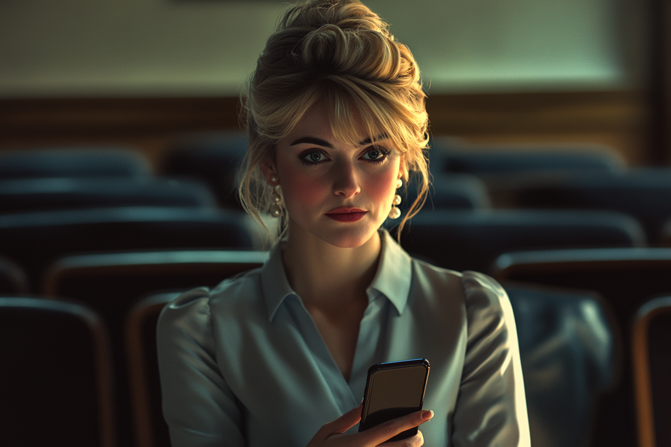 Une femme assise dans un théâtre scolaire, tenant un téléphone, l'air inquiet | Source : Midjourney
