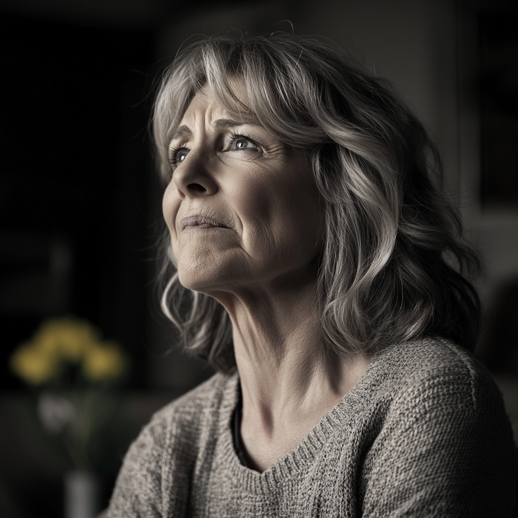 Photo en niveaux de gris d'une femme âgée à l'air triste et désespéré | Source : Midjourney