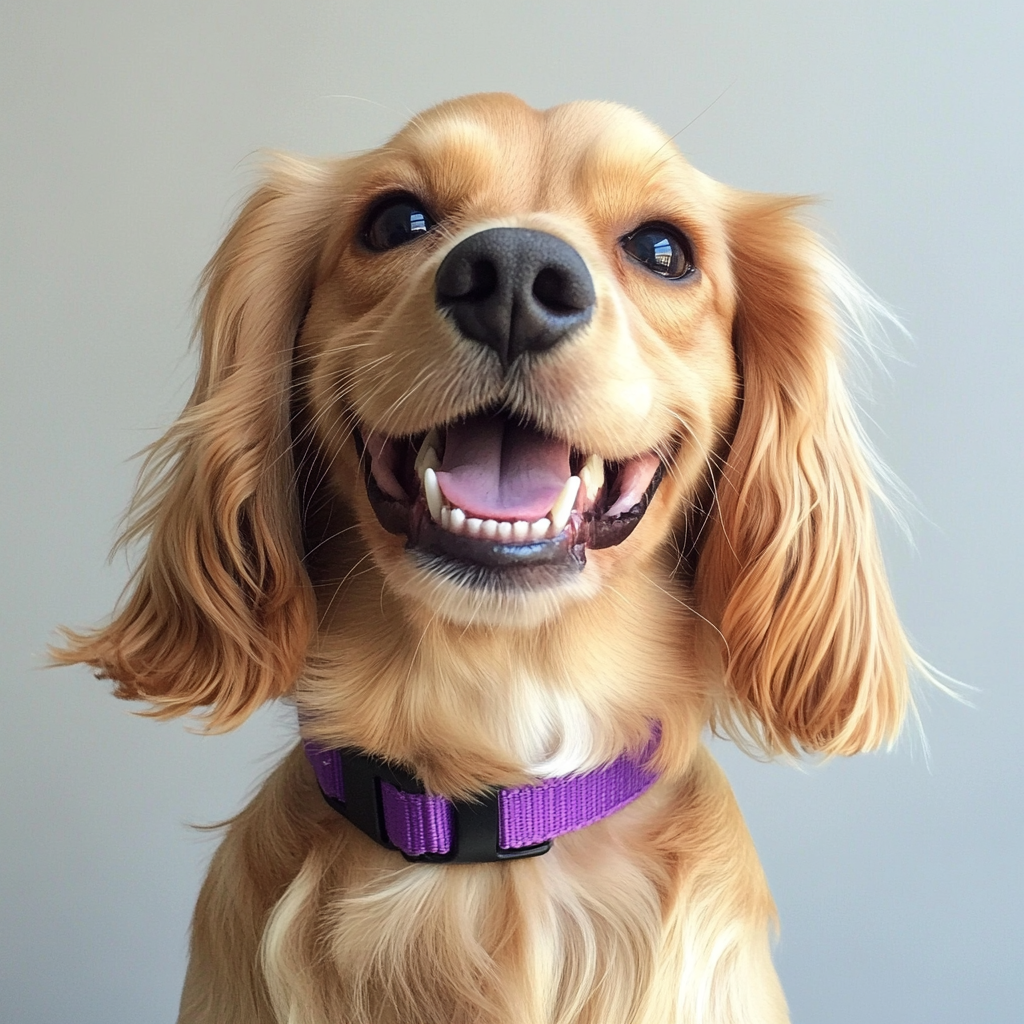 Gros plan sur un chien au collier violet | Source : Midjourney